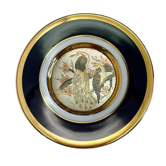 Other - 24KT Gold Rim Chokin Art Collection Porcelain Plate - Peacock Design Black Gold